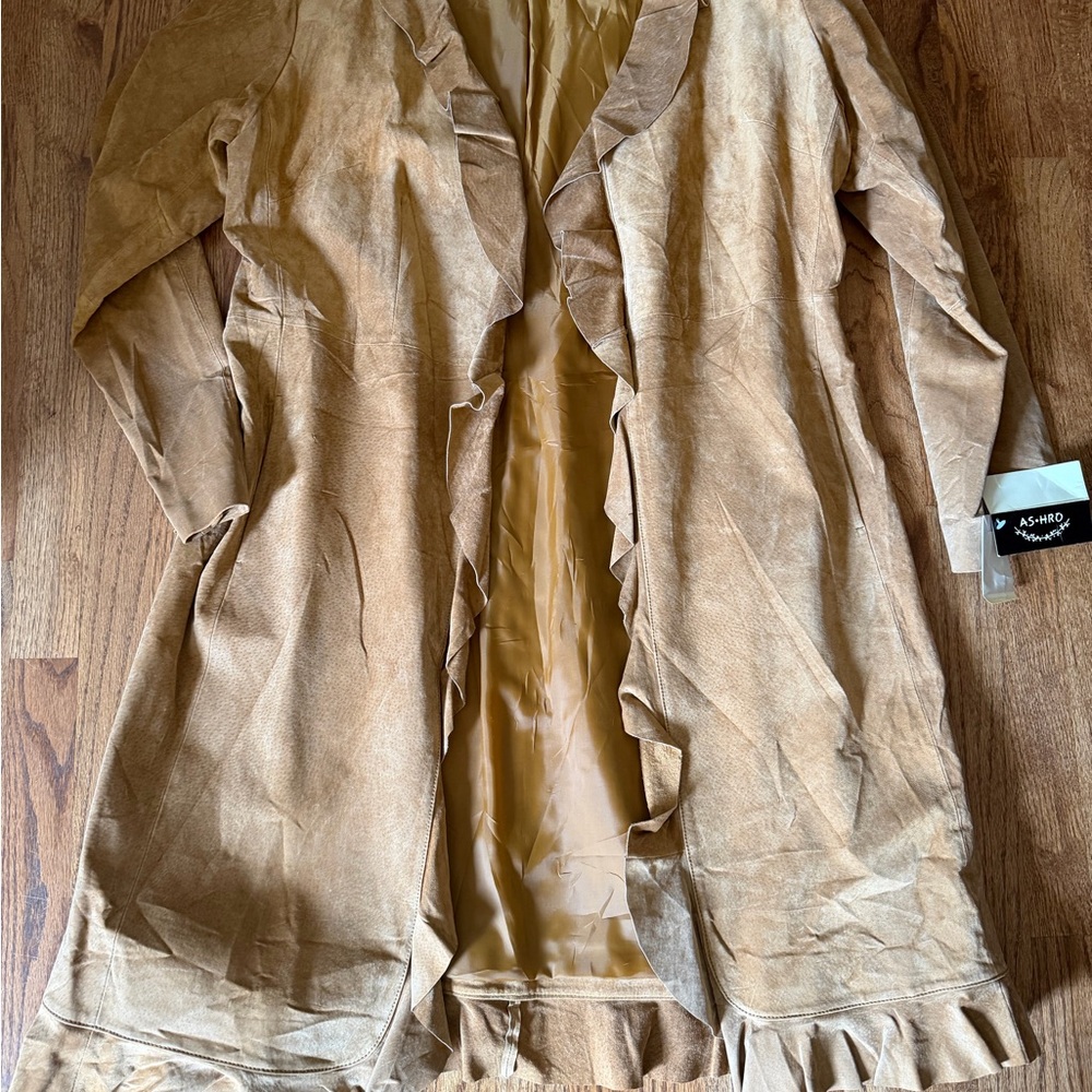 Ashro Tan Ruffle-Front Leather Duster Coat - Picture 3 of 6